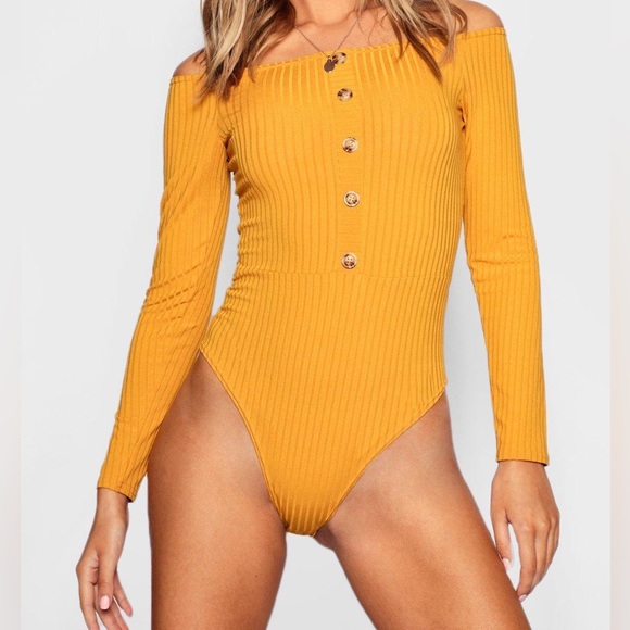 Boohoo Tops - Boohoo mustard yellow button up bodysuit